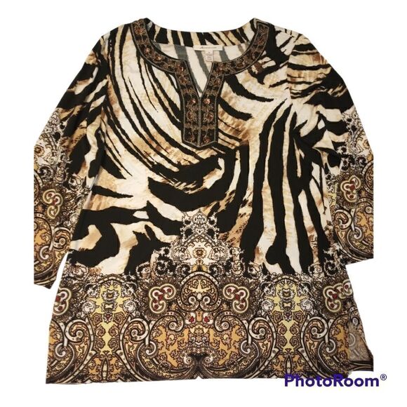 ✨ SALE M collection three quarter length animal print blouse with embellished n… - Picture 1 of 8